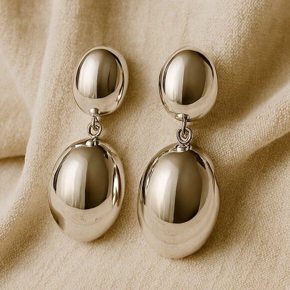Elegant Silver Oval Drop Earrings – High Shine Statement Dangle Jewelry - Women - Picture 1 of 7